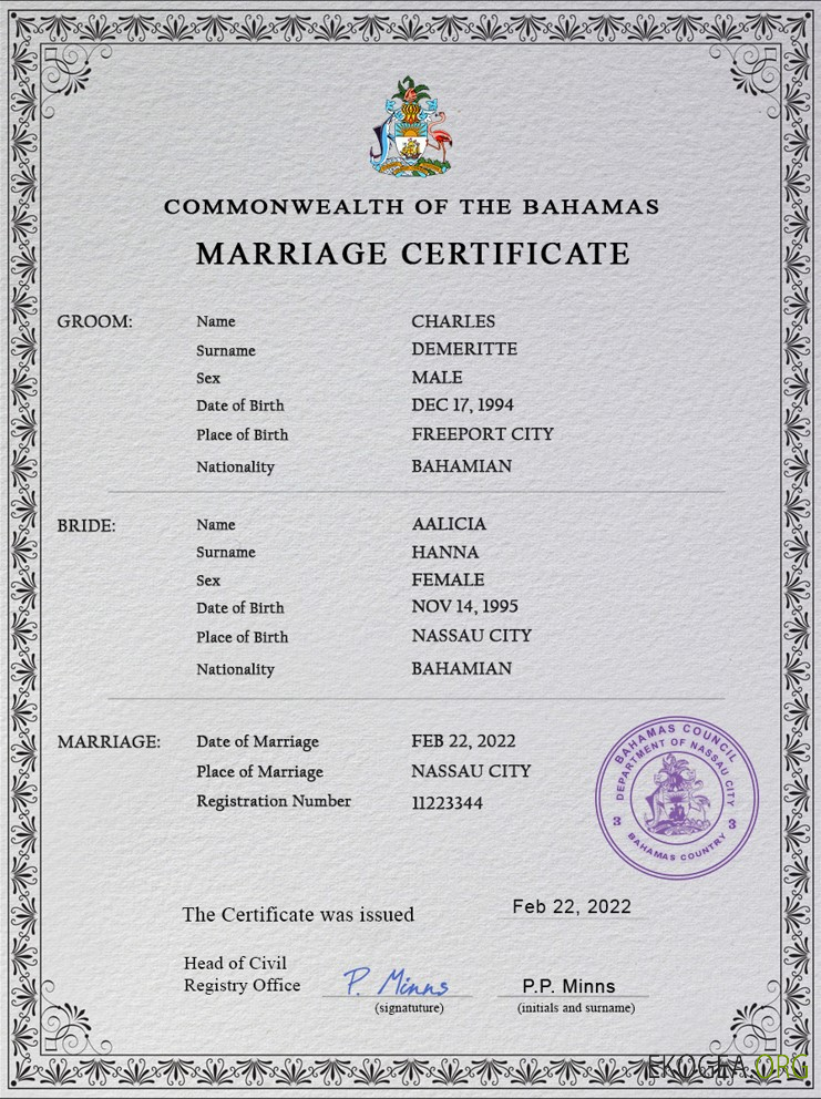 Modèle PSD de certificat de mariage des Bahamas